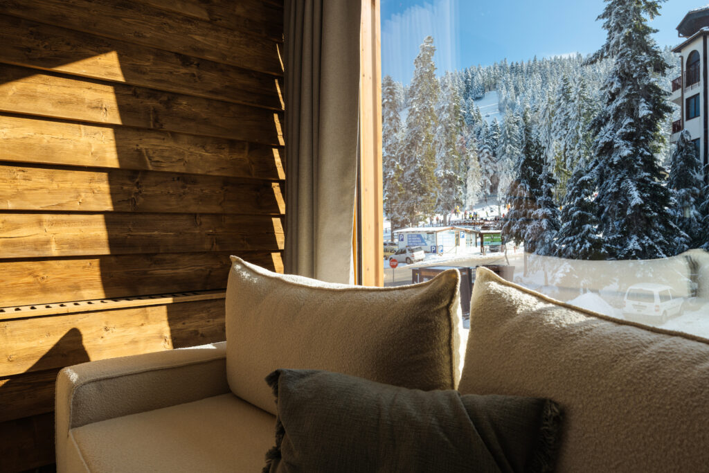 Deluxe Suite with Terrace 211: sofa with a winter forest view – Flora Boutique Hotel, luxury hotel in Borovets by the ski lift